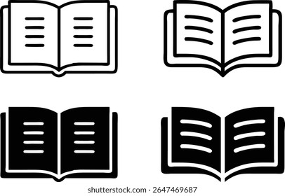 Open Book Icon Set – Black and White Education Reading Symbol Vector Illustration