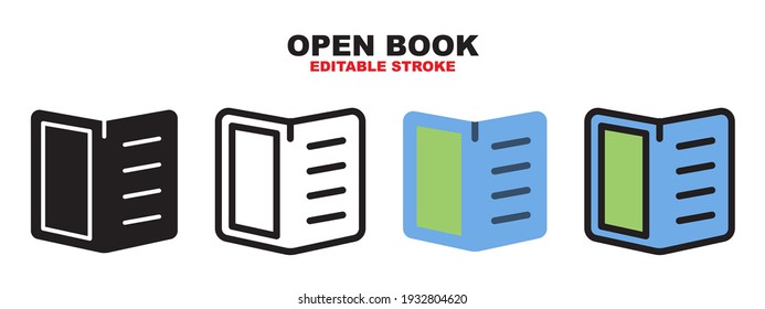 Open Book icon set with different styles. Colored vector icons designed in filled, outline, flat, glyph and line colored. Editable stroke and pixel perfect. Can be used for web, mobile, ui and more.