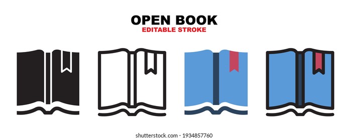 Open book icon set with different styles. Colored vector icons designed in filled, outline, flat, glyph and line colored. Editable stroke and pixel perfect. Can be used for web, mobile, ui and more.