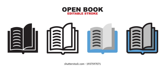Open Book icon set with different styles. Colored vector icons designed in filled, outline, flat, glyph and line colored. Editable stroke and pixel perfect. Can be used for web, mobile, ui and more.