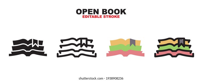Open Book icon set with different styles. Colored vector icons designed in filled, outline, flat, glyph and line colored. Editable stroke and pixel perfect. Can be used for web, mobile, ui and more.