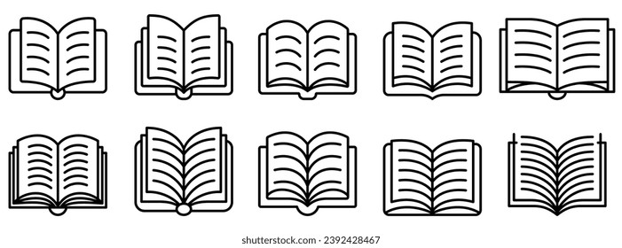 Öffnen Sie das Buch-Symbol. Set von Buchsymbolen im Strichstil. Schwarze Umrisse verschiedener Buchdesigns auf weißem Hintergrund. Vektorgrafik