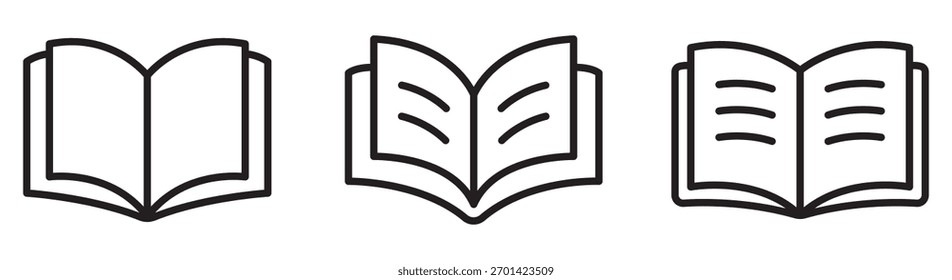 Conjunto de Ícones de Livro Aberto - Estrutura de Tópicos e Símbolos de Educação Mínima para Aprendizagem, Leitura e Design de Conhecimento