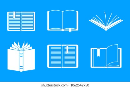 Open book icon set. Simple set of open book vector icons for web design isolated on blue background