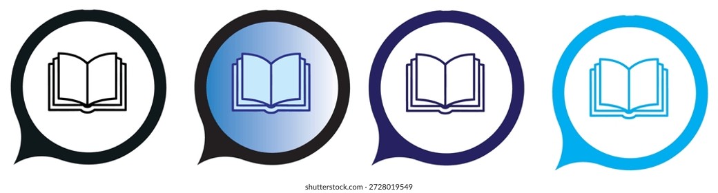Icono de libro abierto establecido en burbujas de discurso con varias opciones de color para la educación y el aprendizaje