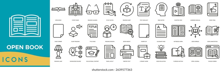 Open book icon set. Open Book, Story Pages, Reading Glasses, Study Notes, Reading Habit, Text Highlight and Mind Notes