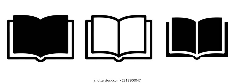 Open book icon set. Textbook or dictionary symbol for school education, university library reading, digital e-reader learning app, black and white vector outline glyph illustration
