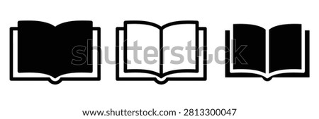 Open book icon set. Textbook or dictionary symbol for school education, university library reading, digital e-reader learning app, black and white vector outline glyph illustration
