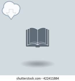 Open book icon with shadow. Cloud of download with arrow.