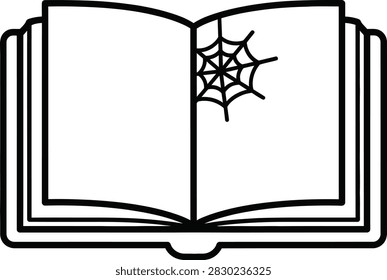 Open Book Icon With Spider Web on Spine Representing Ancient Mystery and Forgotten Lore in Minimalist Monoline Style