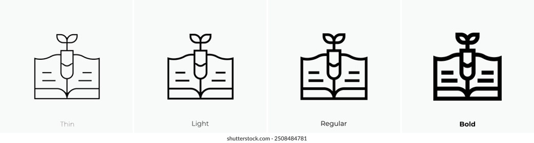 Icono de libro abierto. Diseño de estilo delgado, ligero, regular y audaz aislado sobre fondo blanco