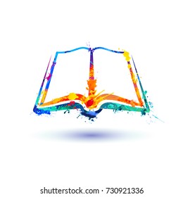 Open book icon. Vector watercolor colorful splash paint