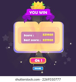 Open Book Icon Winner You Win Game UI Badge Pop Up With Stars , Ribbon And Coins Cute Fantasy Colorful Vector Design