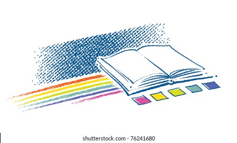 Open book icon (with a rainbow and color swatches, artistic painterly style)