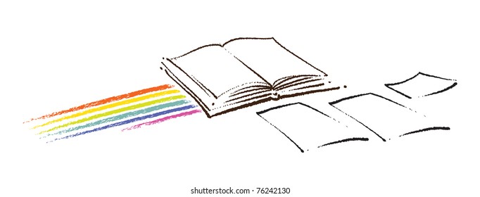 Open book icon (with a rainbow and a few blank sheets of paper, artistic painterly style)