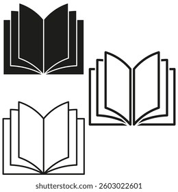 Open book icons. Black and white designs. Minimal reading symbols. Vector education elements.