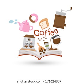 Open book and icons of coffee and tea. Concept of education