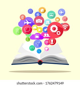 Open book and icons of communication.The concept of modern education.illustration Vector
