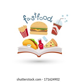 Open book and icons of fast food. Concept of education