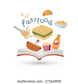 Open book and icons of fast food. Concept of education