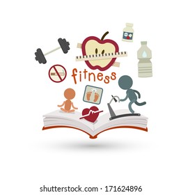 Open book and icons of fitness. Concept of education