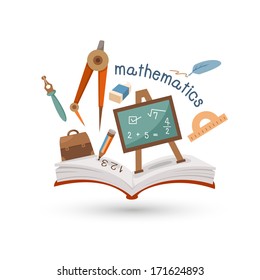 Open Book And Icons Of Mathematics. Concept Of Education