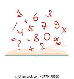 Open book and icons of mathematics. Concept of education. Numbers in the book illustration. Flat vector image.
