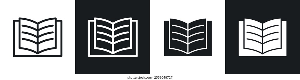 open book icons pack in black and white filled and outlined versions.