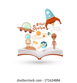 Open book and icons of science. Concept of education