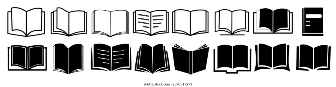 Open book icons set. Black logo isolated on white background vector illustration