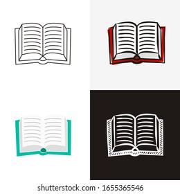 Open book icons set isolated on white background. Hand-drawn contour icon in doodle style, flat and chalk on a black board. Vector object for literature, reading, prose, knowledge and education.