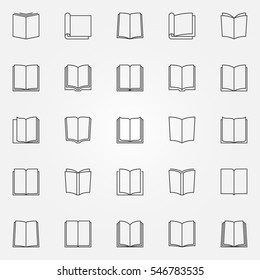 Open book icons set. Vector books isolated signs or logo elements. Reading concept symbols in thin line style