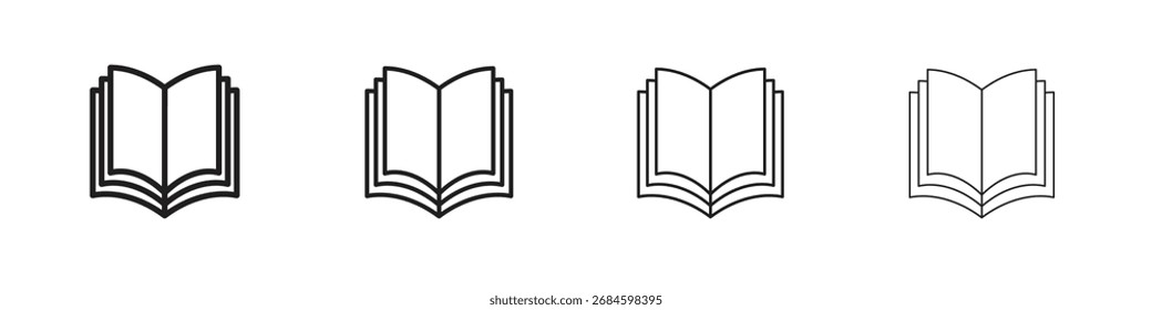 Iconos de libro abierto. Símbolos de línea delgada en trazos
