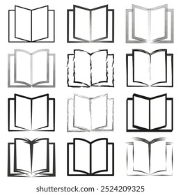 Open book icons. Various styles collection. Simple reading symbols. Sketch and outline illustrations.