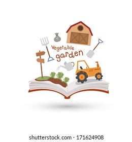 Open book and icons of vegetable garden. Concept of education