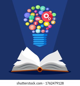 Open the book and idea bulb.Book of ideas. Vector illustration