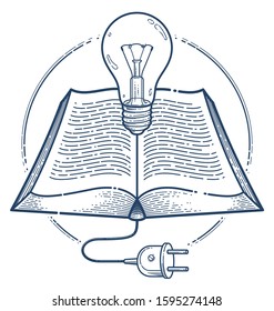 Open book with idea light bulb and cable plug vector linear icon, education and scientific literature library reading line art symbol or logo, electronic book e-book.