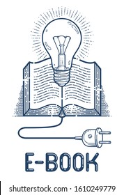 Open book with idea light bulb and cable plug vector linear icon, education and scientific literature library reading line art symbol or logo, electronic book e-book.