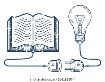 Open book with idea light bulb and cable plug vector linear icon, education and scientific literature library reading line art symbol or logo, electronic book e-book.