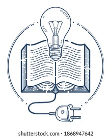 Open book with idea light bulb and cable plug vector linear icon, education and scientific literature library reading line art symbol or logo, electronic book e-book.
