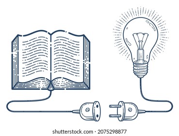 Open book with idea light bulb and cable plug vector linear icon, education and scientific literature library reading line art symbol or logo, electronic book e-book.