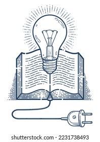 Open book with idea light bulb and cable plug vector linear icon, education and scientific literature library reading line art symbol or logo, electronic book e-book.