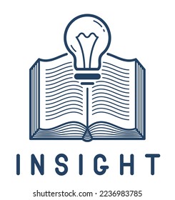 Open book with idea light bulb vector linear icon, education and scientific literature library reading line art symbol or logo.
