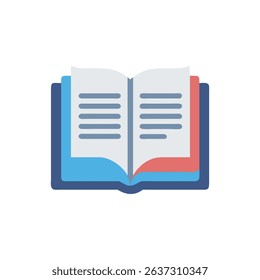 Open book illustration with blue and coral accents on pages