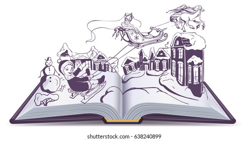 Open book illustration fairy tale snow queen. Isolated on white drawing