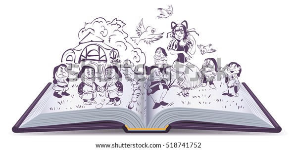 本のイラストを開きます 白雪姫と7人のドワーフのおとぎ話 白いベクター画像漫画の背景に のベクター画像素材 ロイヤリティフリー 518741752