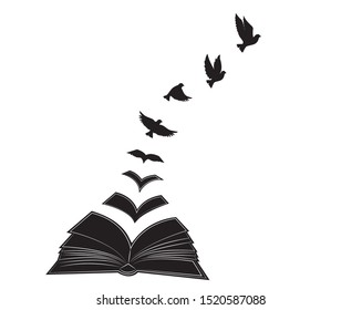 Open book illustration with flying birds silhouettes, vector. Synonym Education gives you wings. Poster design isolated on white background, graphic design, wall decals, wall artwork