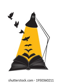 Open book illustration with flying birds silhouettes, vector. Synonym Education gives you wings. Poster design isolated on white background, graphic design, wall decals, wall artwork