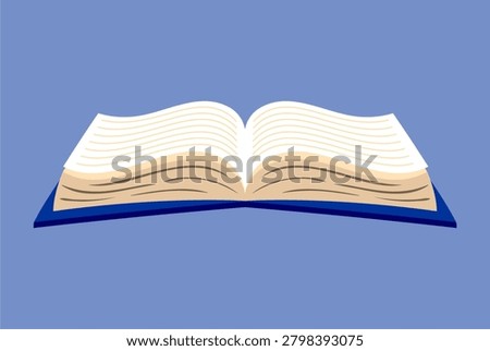 Open book illustration isolated on blue background. Learning, education, library and textbook concept in flat vector design style.