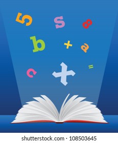 Open book illustration with letters and symbols, concept for education in schools and college